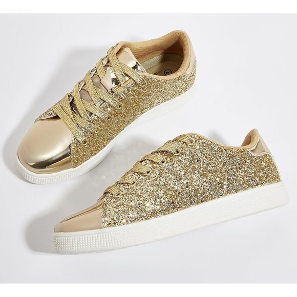 Women's Gold Glitter Shoes Sparkly Bling Shiny Bedazzled Lace Up Sneaker - Picture 4 of 9